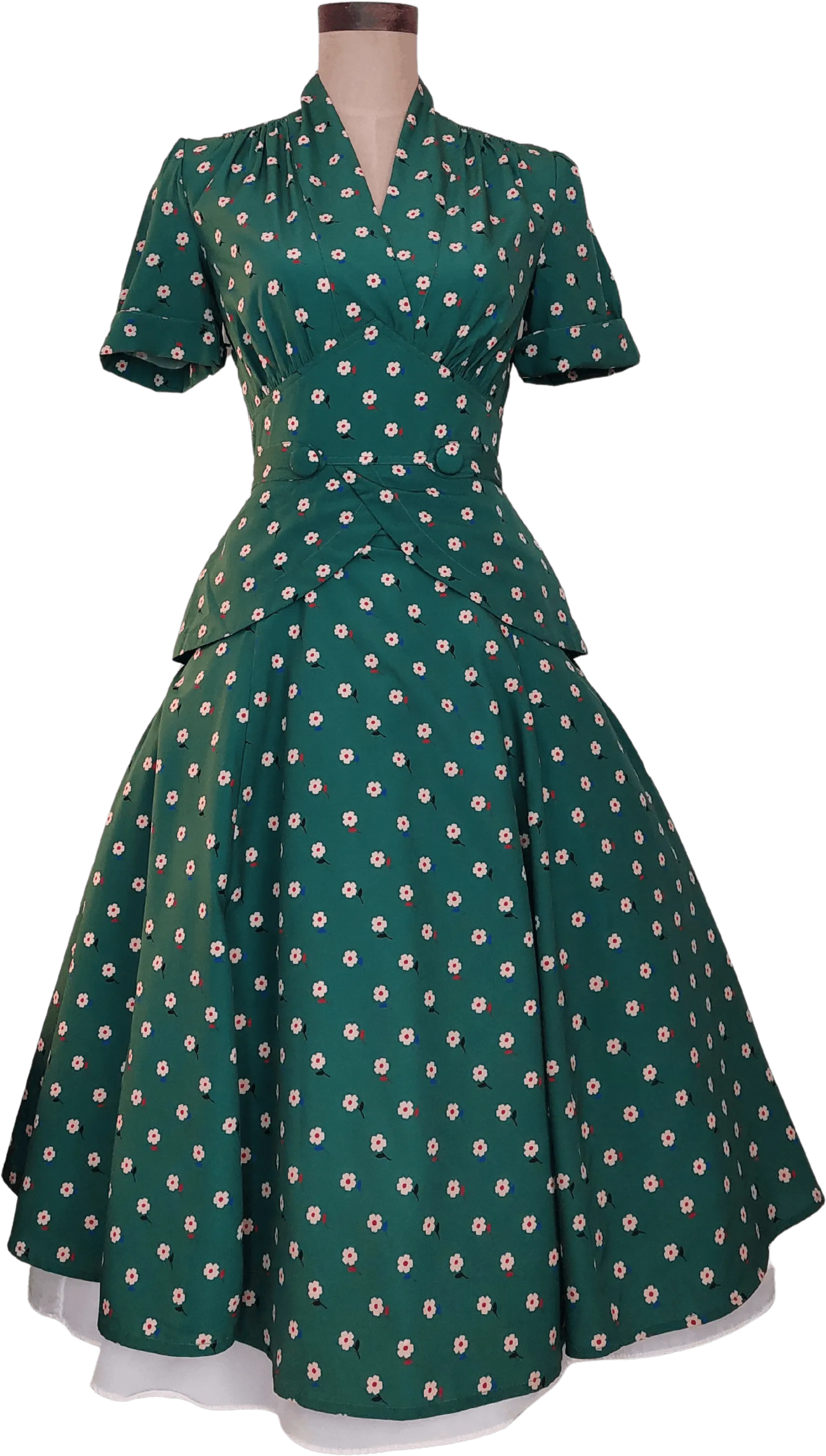00's Does 40's Green Floral Peplum Shirt Dress