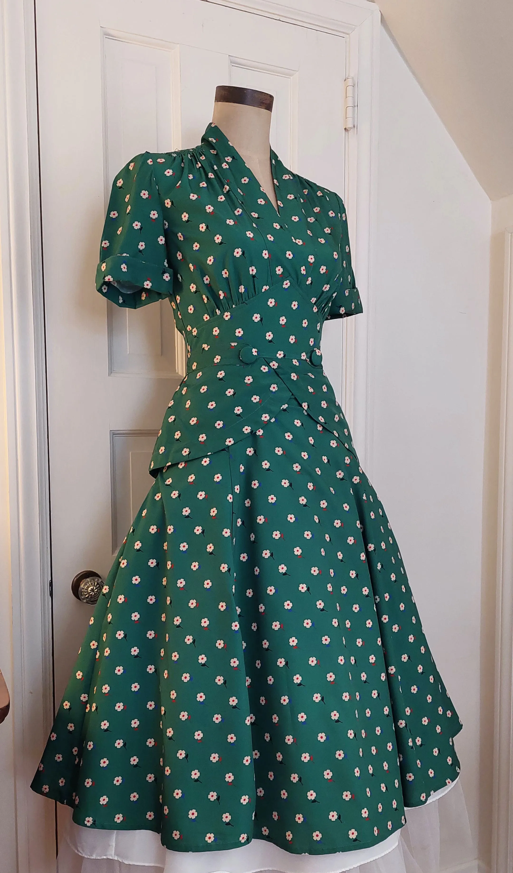 00's Does 40's Green Floral Peplum Shirt Dress