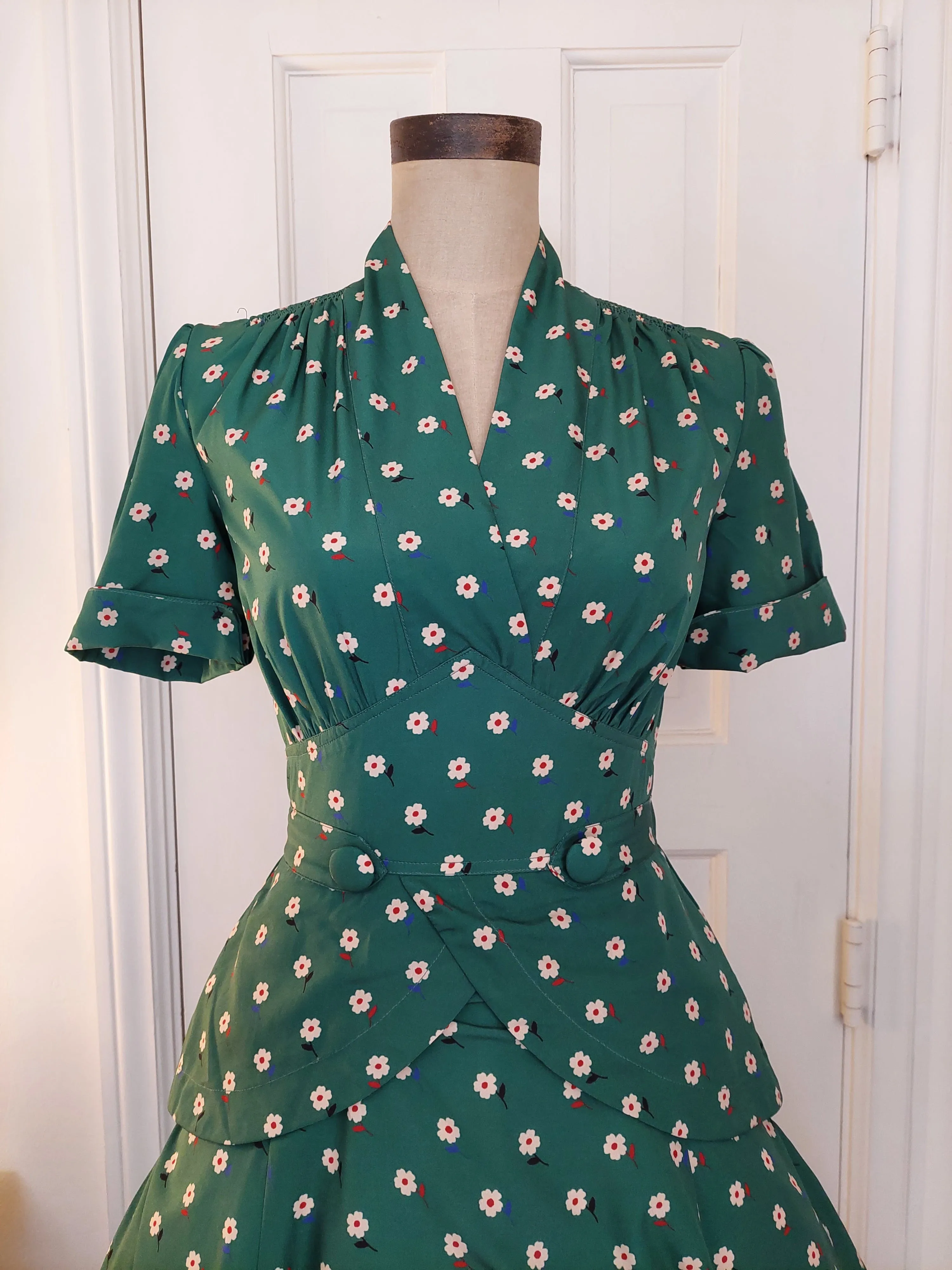 00's Does 40's Green Floral Peplum Shirt Dress