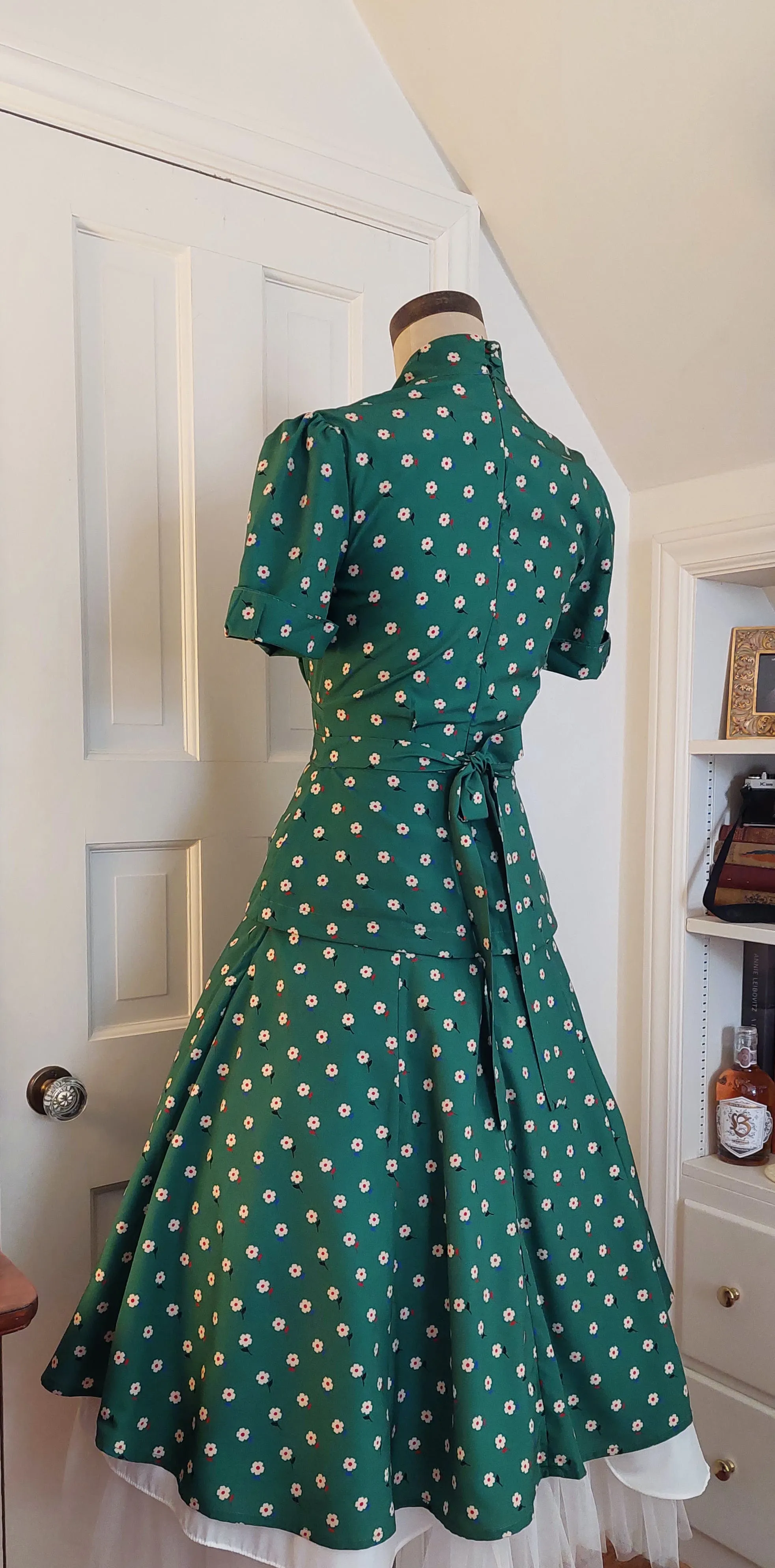 00's Does 40's Green Floral Peplum Shirt Dress