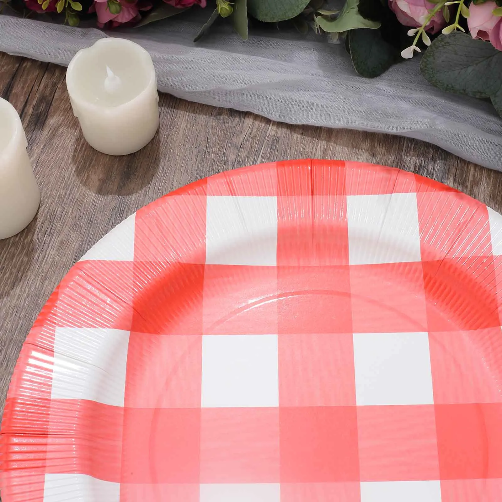10 Pack 13" Red White Buffalo Plaid Disposable Charger Plates, Round Checkered Sunray Cardboard Serving Trays- 350 GSM
