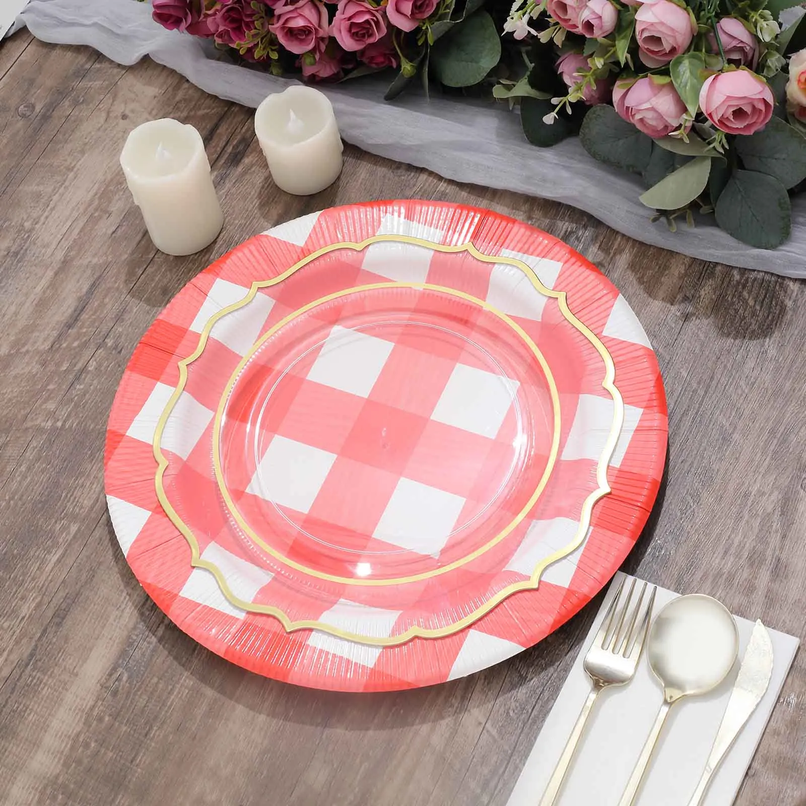 10 Pack 13" Red White Buffalo Plaid Disposable Charger Plates, Round Checkered Sunray Cardboard Serving Trays- 350 GSM