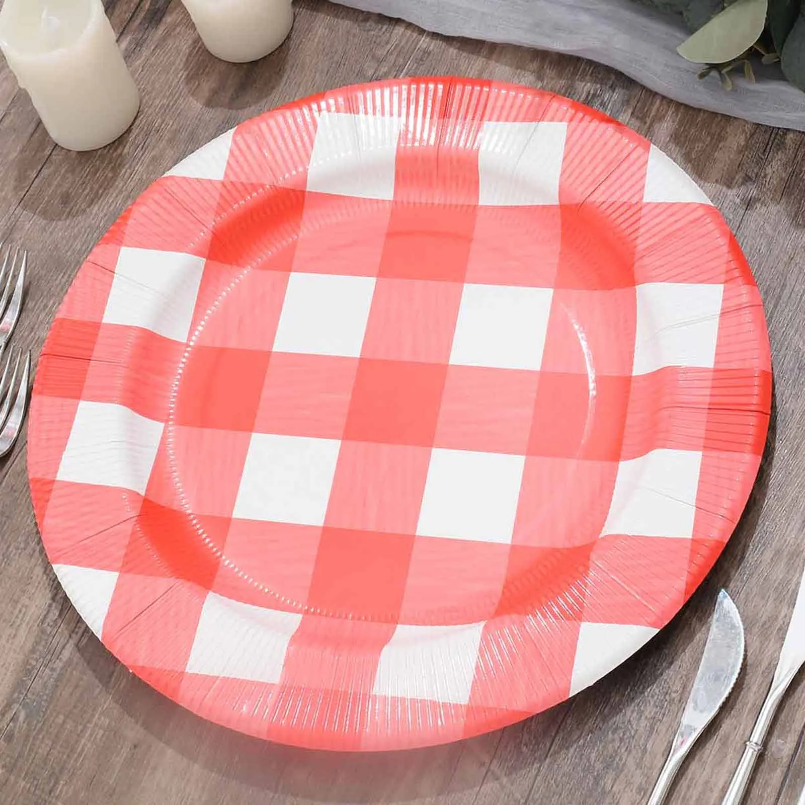 10 Pack 13" Red White Buffalo Plaid Disposable Charger Plates, Round Checkered Sunray Cardboard Serving Trays- 350 GSM