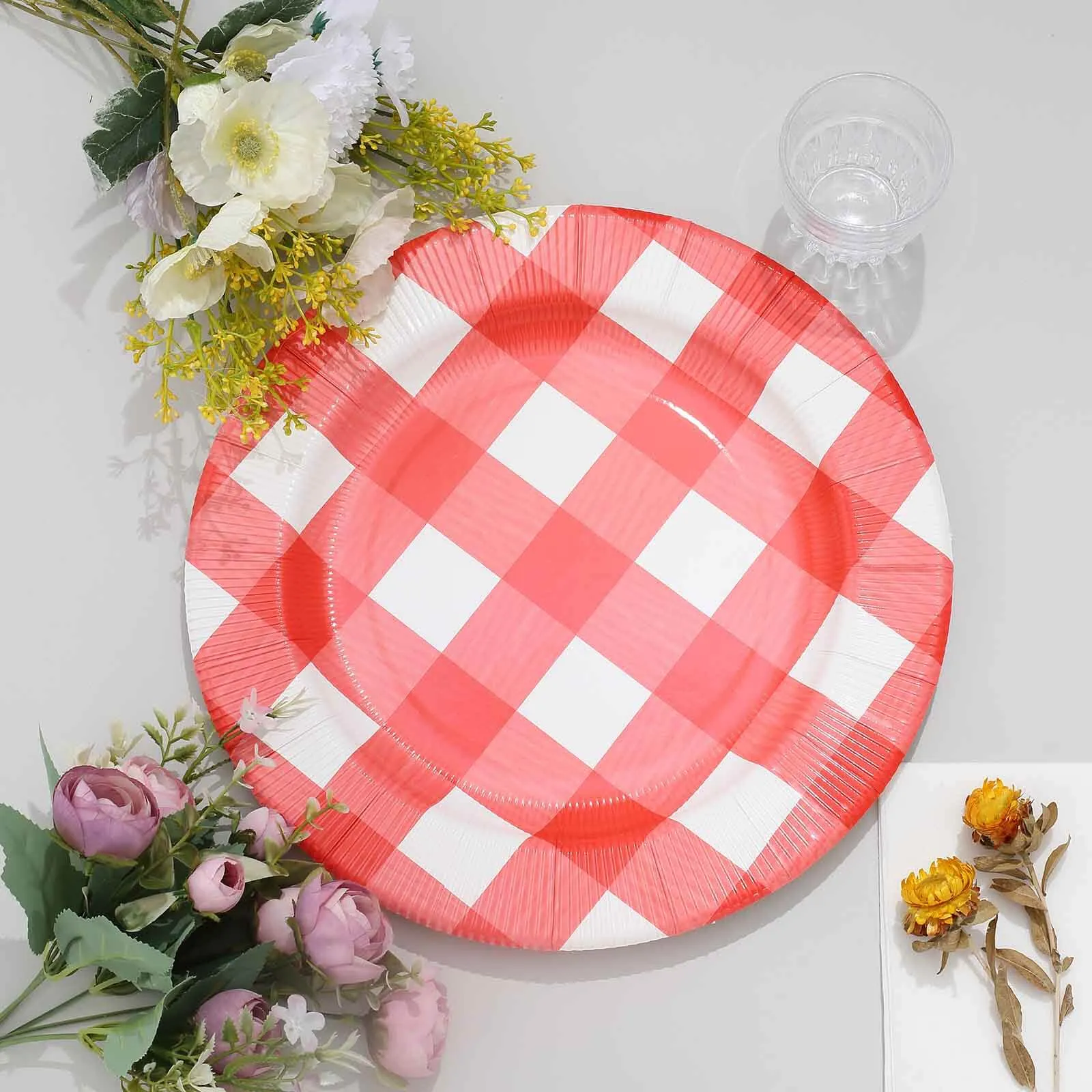 10 Pack 13" Red White Buffalo Plaid Disposable Charger Plates, Round Checkered Sunray Cardboard Serving Trays- 350 GSM