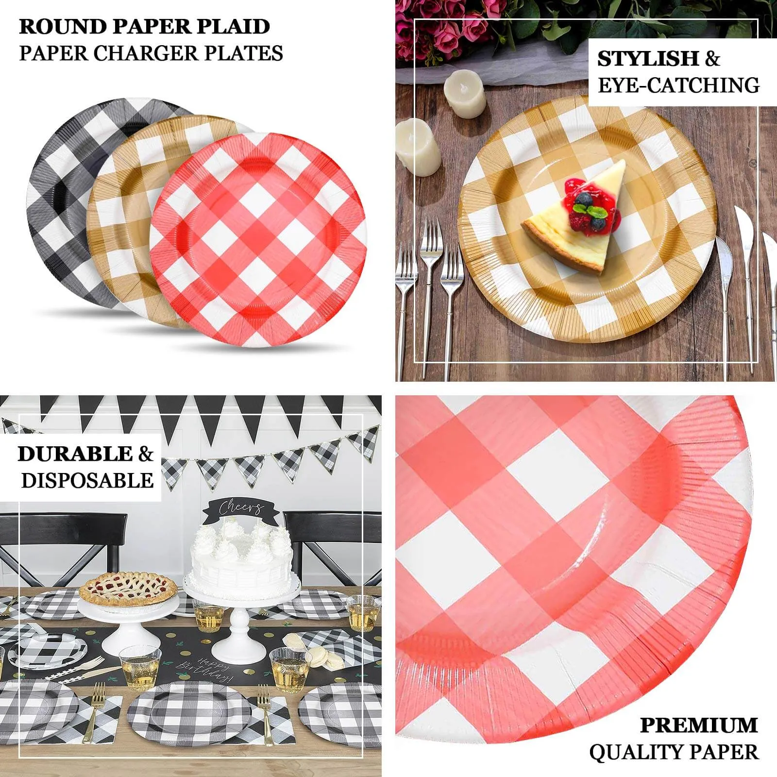 10 Pack 13" Red White Buffalo Plaid Disposable Charger Plates, Round Checkered Sunray Cardboard Serving Trays- 350 GSM