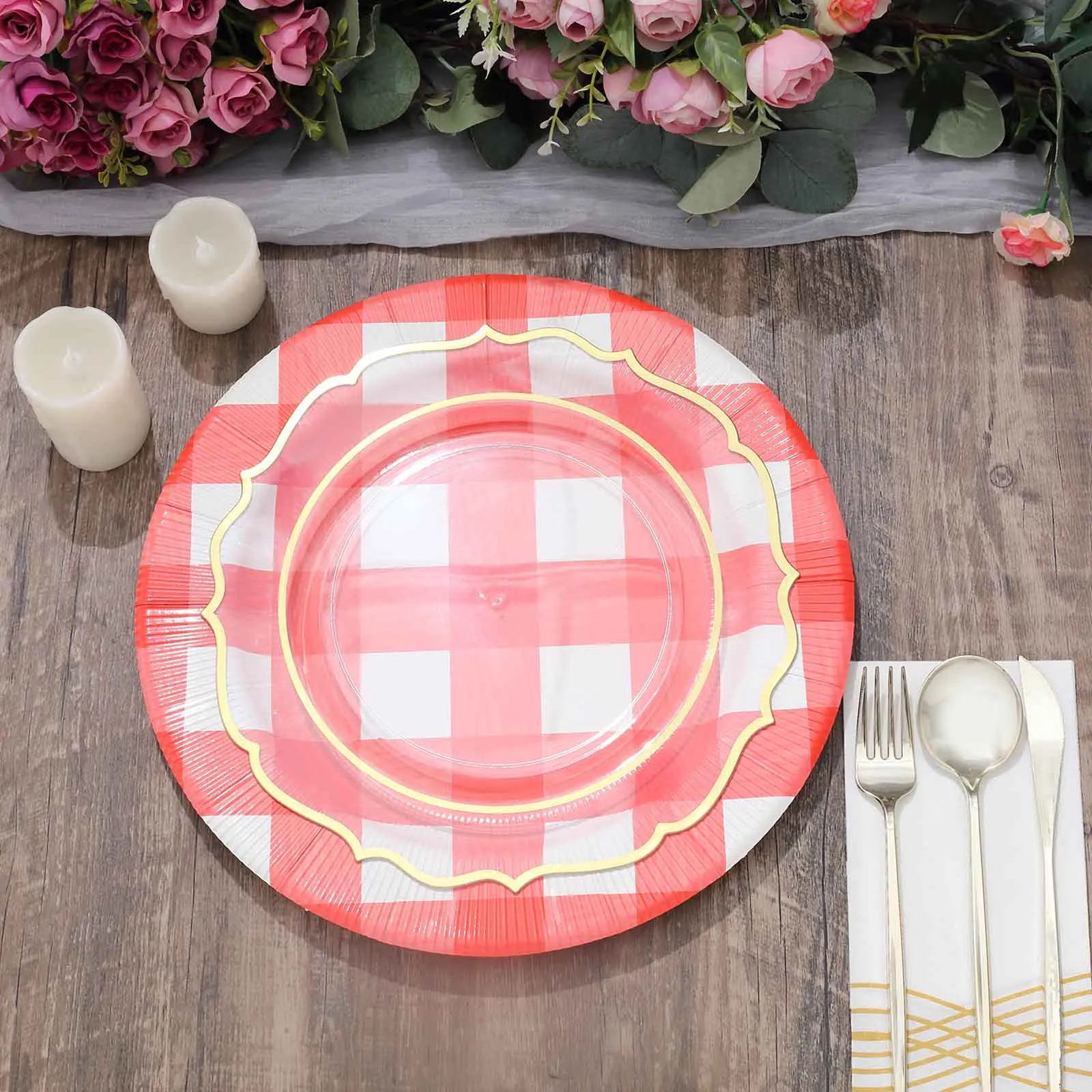 10 Pack 13" Red White Buffalo Plaid Disposable Charger Plates, Round Checkered Sunray Cardboard Serving Trays- 350 GSM