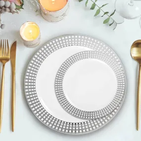 10 Pack 8" Silver Checkered Rim White Disposable Salad Plates, Round Plaid Hot Stamped Rim Plastic Party Plates