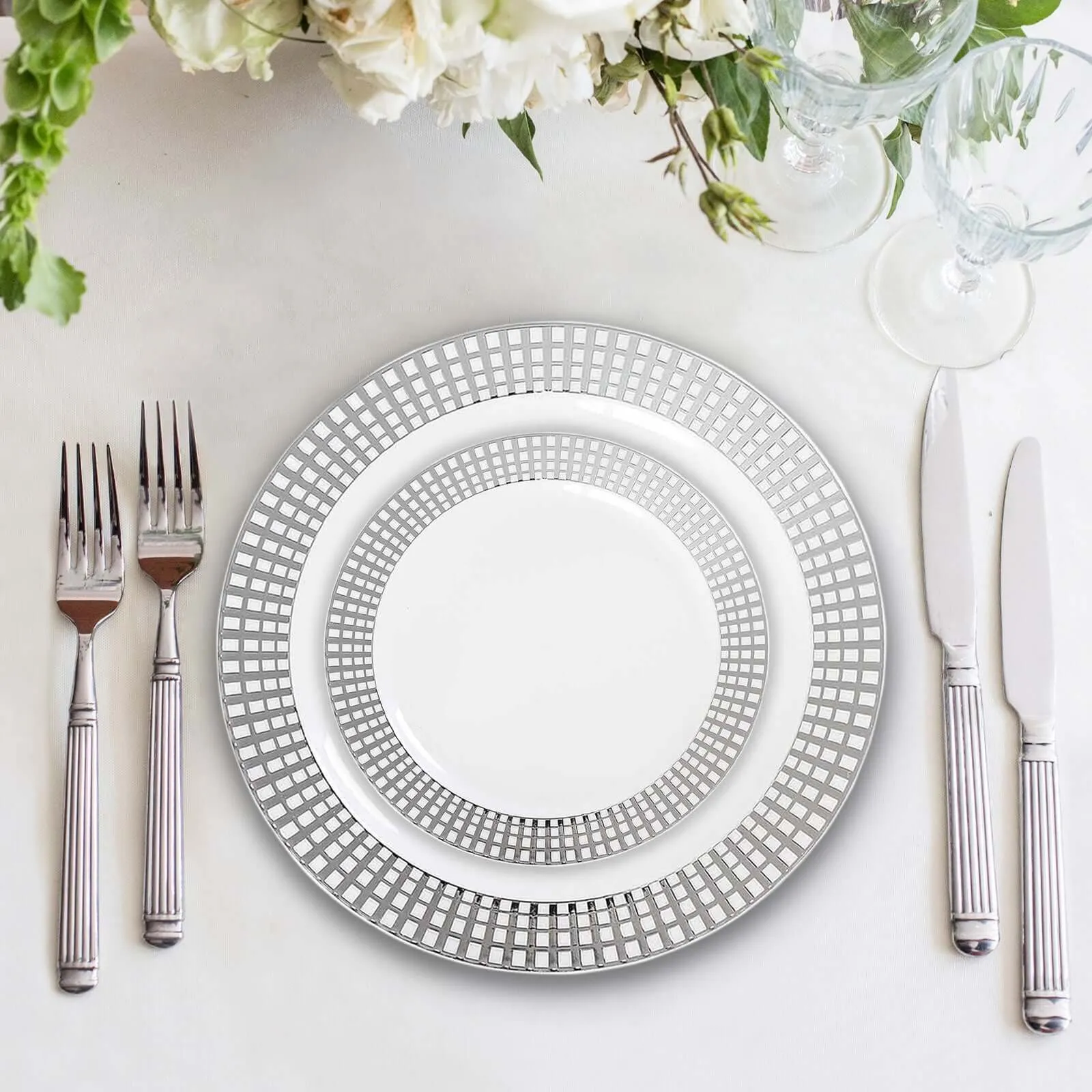 10 Pack 8" Silver Checkered Rim White Disposable Salad Plates, Round Plaid Hot Stamped Rim Plastic Party Plates