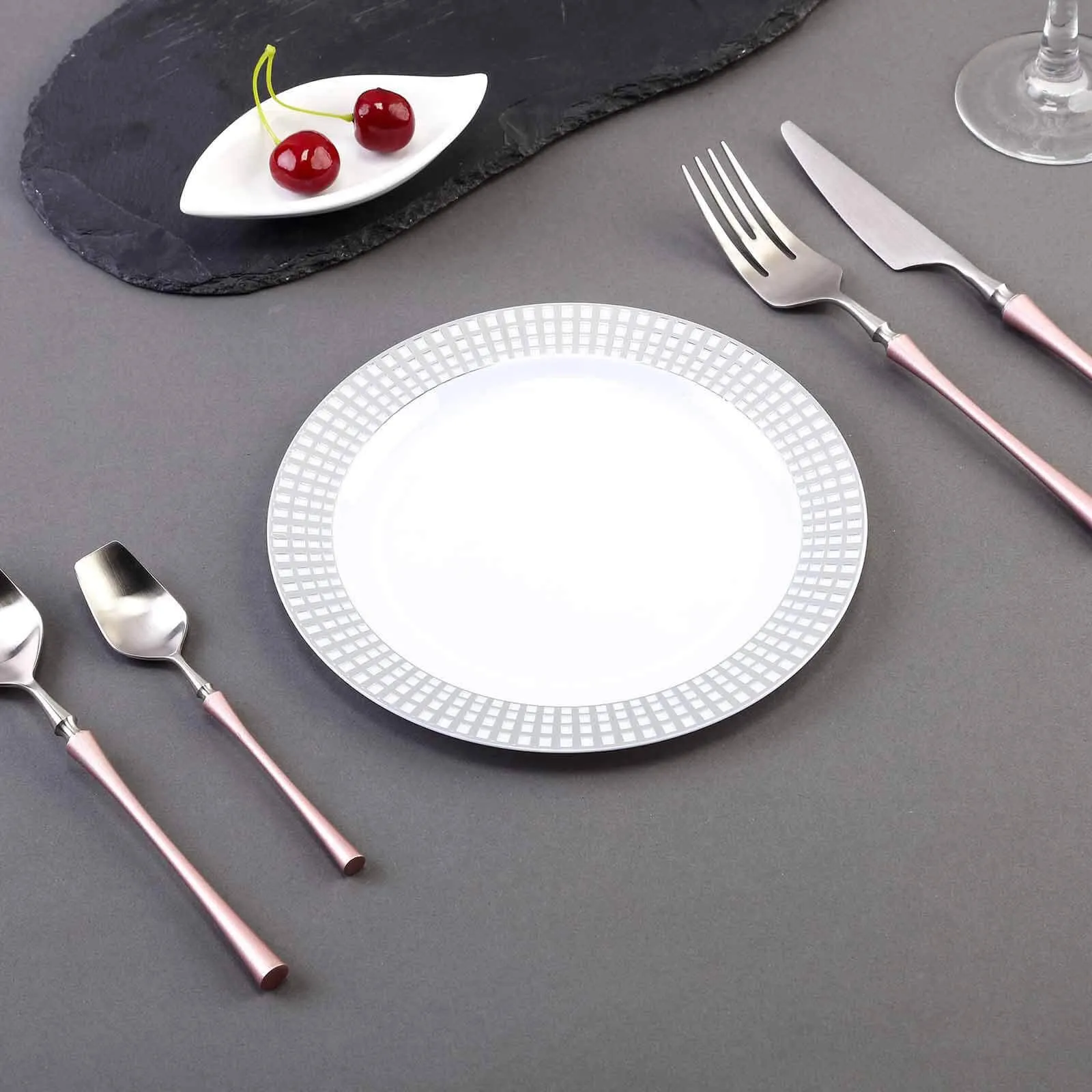 10 Pack 8" Silver Checkered Rim White Disposable Salad Plates, Round Plaid Hot Stamped Rim Plastic Party Plates