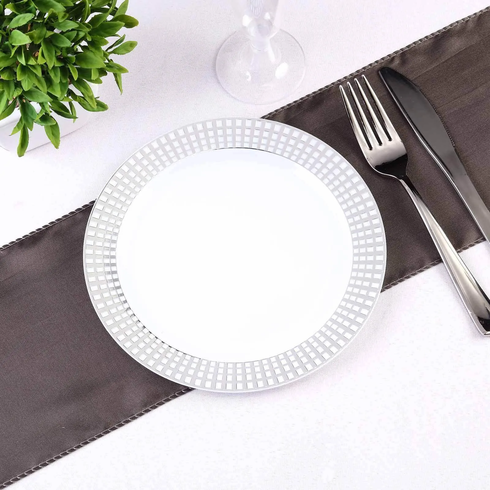 10 Pack 8" Silver Checkered Rim White Disposable Salad Plates, Round Plaid Hot Stamped Rim Plastic Party Plates