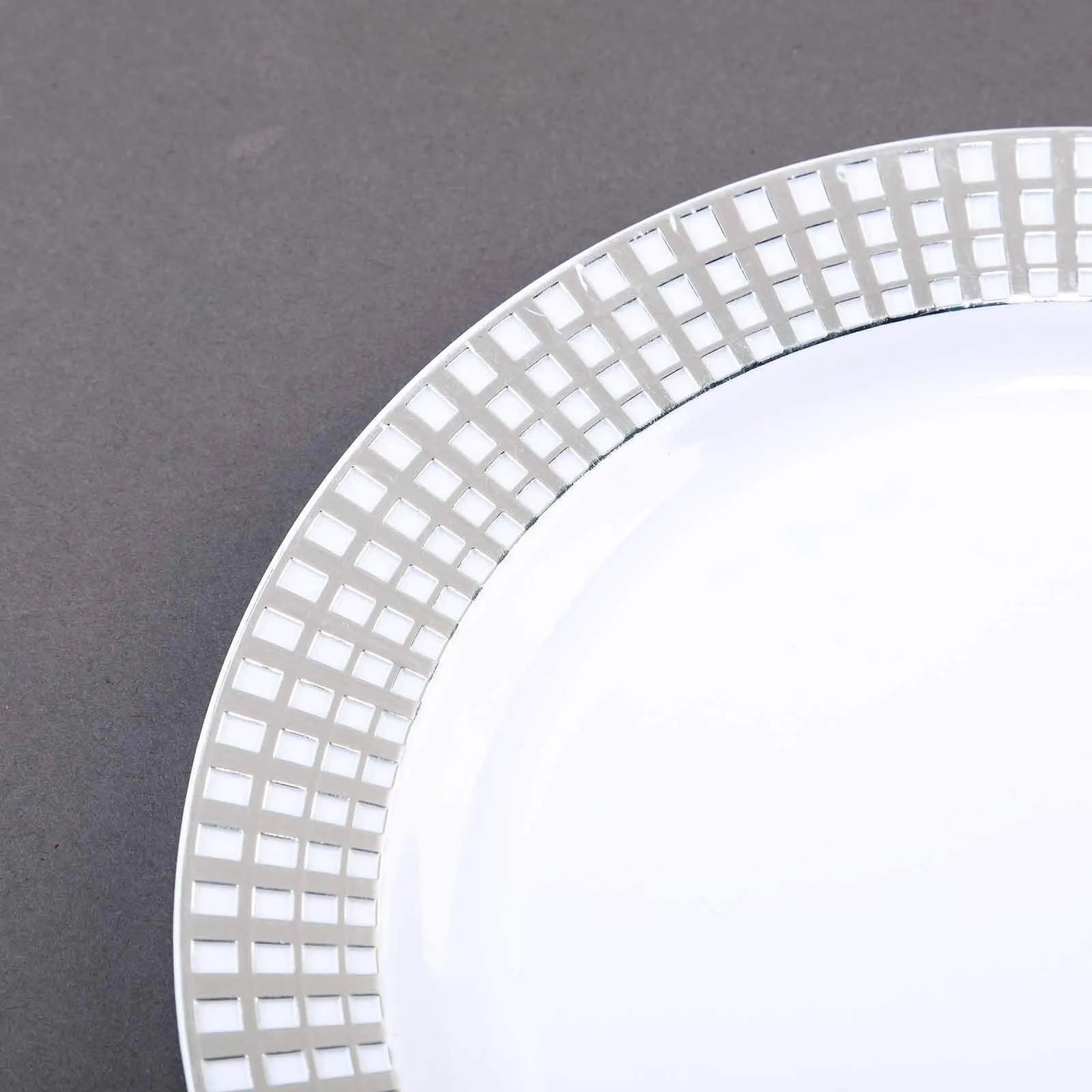 10 Pack 8" Silver Checkered Rim White Disposable Salad Plates, Round Plaid Hot Stamped Rim Plastic Party Plates