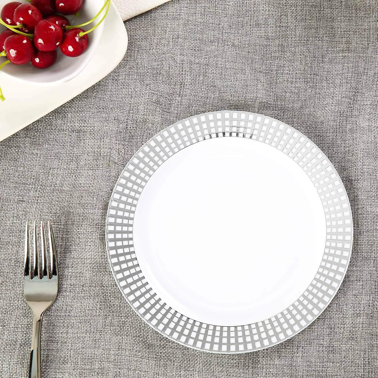 10 Pack 8" Silver Checkered Rim White Disposable Salad Plates, Round Plaid Hot Stamped Rim Plastic Party Plates