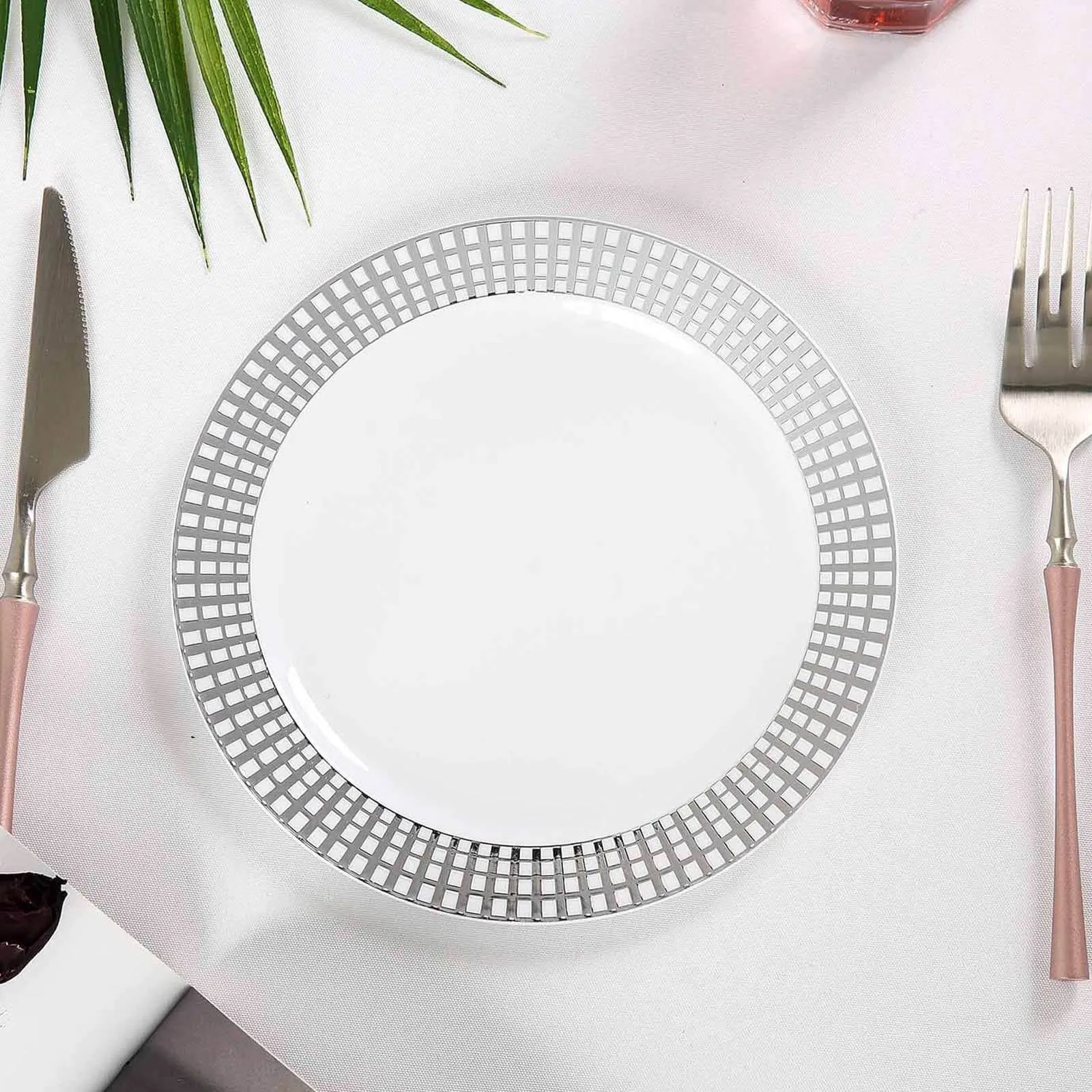 10 Pack 8" Silver Checkered Rim White Disposable Salad Plates, Round Plaid Hot Stamped Rim Plastic Party Plates