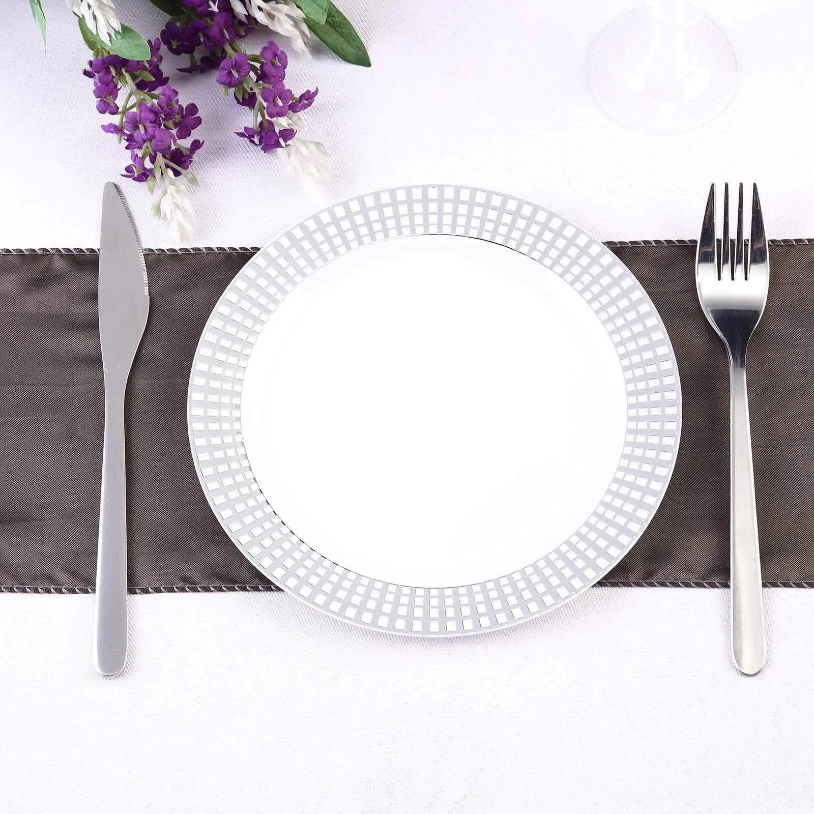 10 Pack 8" Silver Checkered Rim White Disposable Salad Plates, Round Plaid Hot Stamped Rim Plastic Party Plates