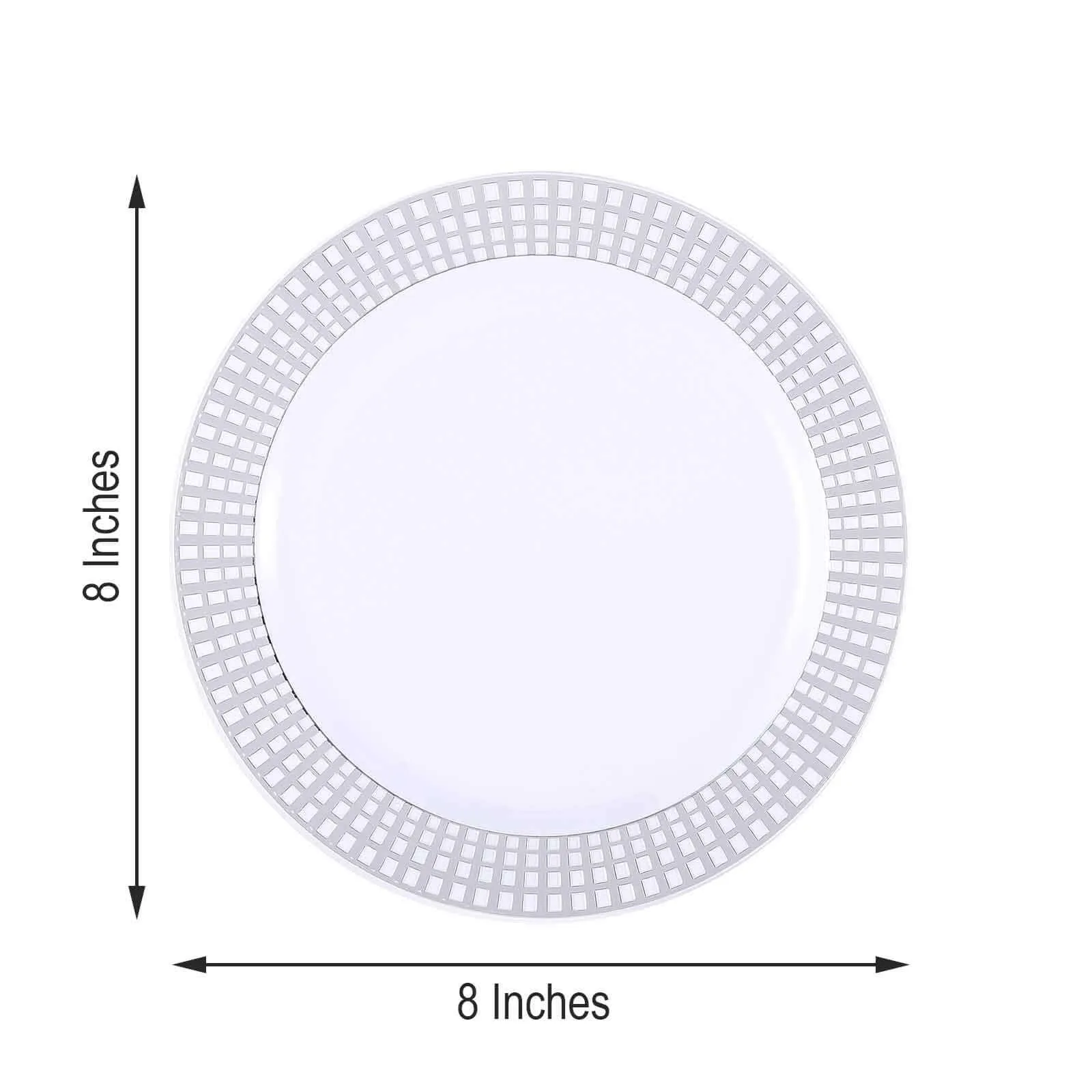 10 Pack 8" Silver Checkered Rim White Disposable Salad Plates, Round Plaid Hot Stamped Rim Plastic Party Plates