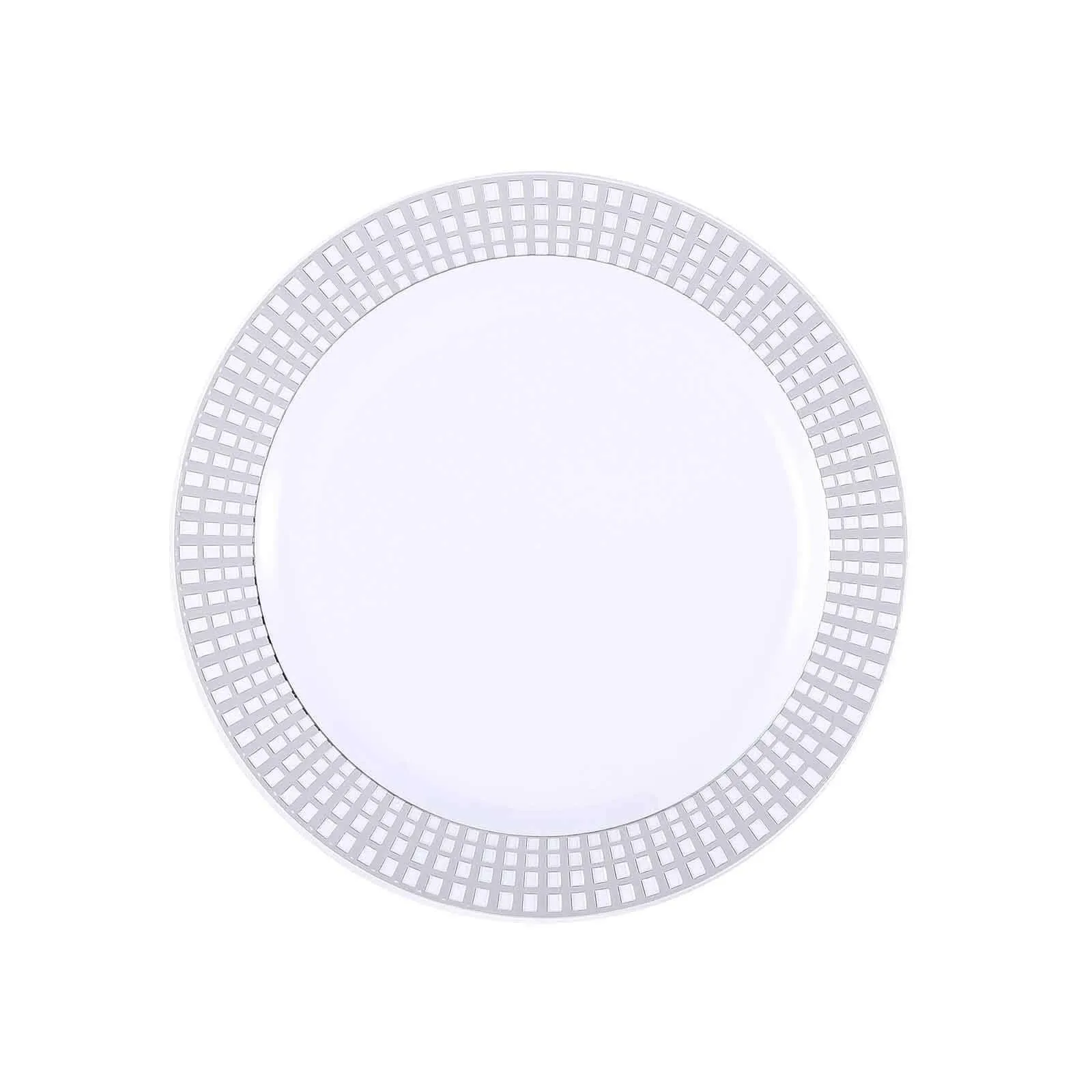 10 Pack 8" Silver Checkered Rim White Disposable Salad Plates, Round Plaid Hot Stamped Rim Plastic Party Plates
