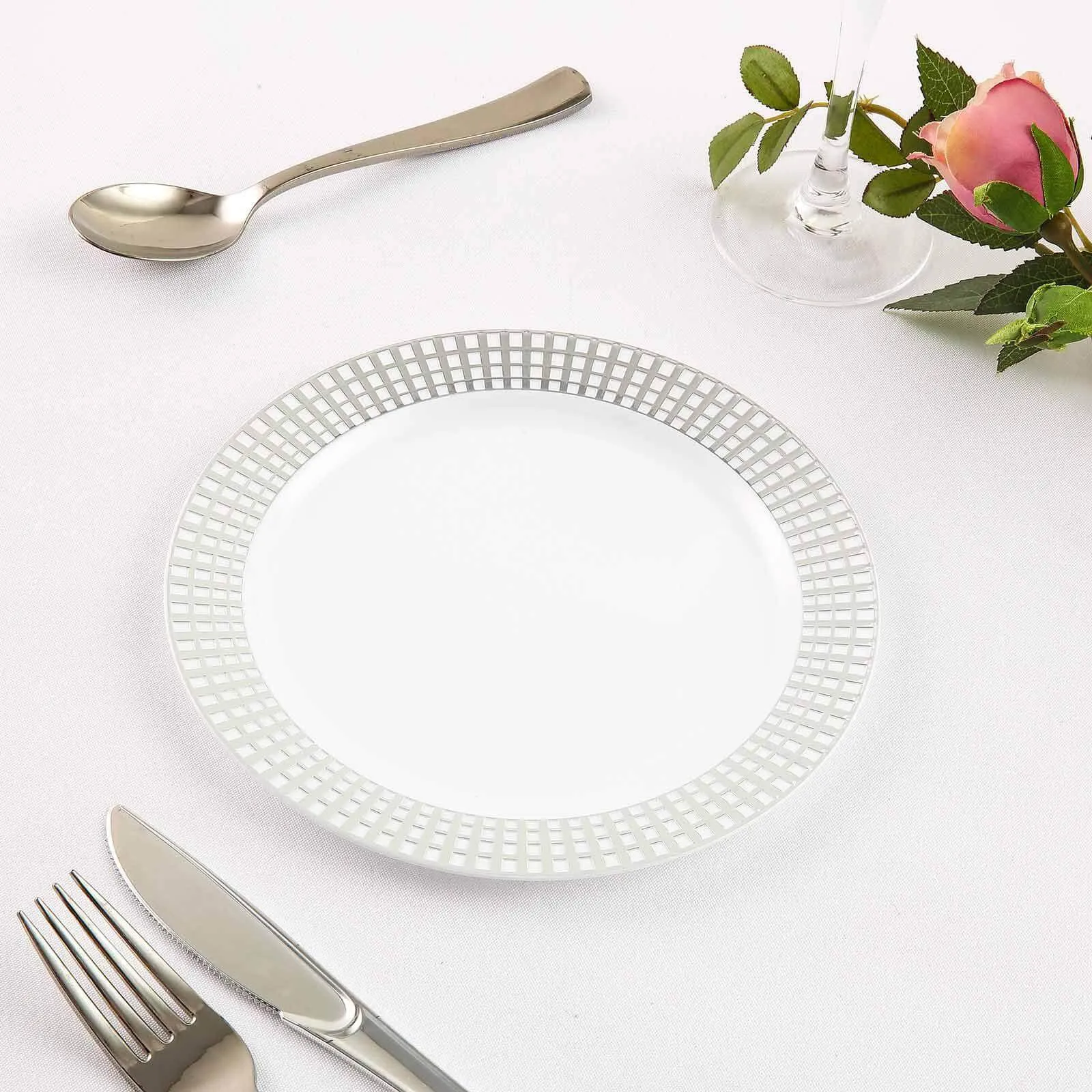 10 Pack 8" Silver Checkered Rim White Disposable Salad Plates, Round Plaid Hot Stamped Rim Plastic Party Plates