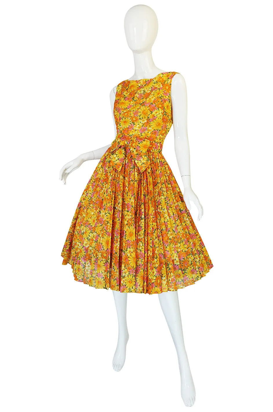 1950s Suzy Perette Citrus Floral Cotton Voile Pleated Skirt Dress