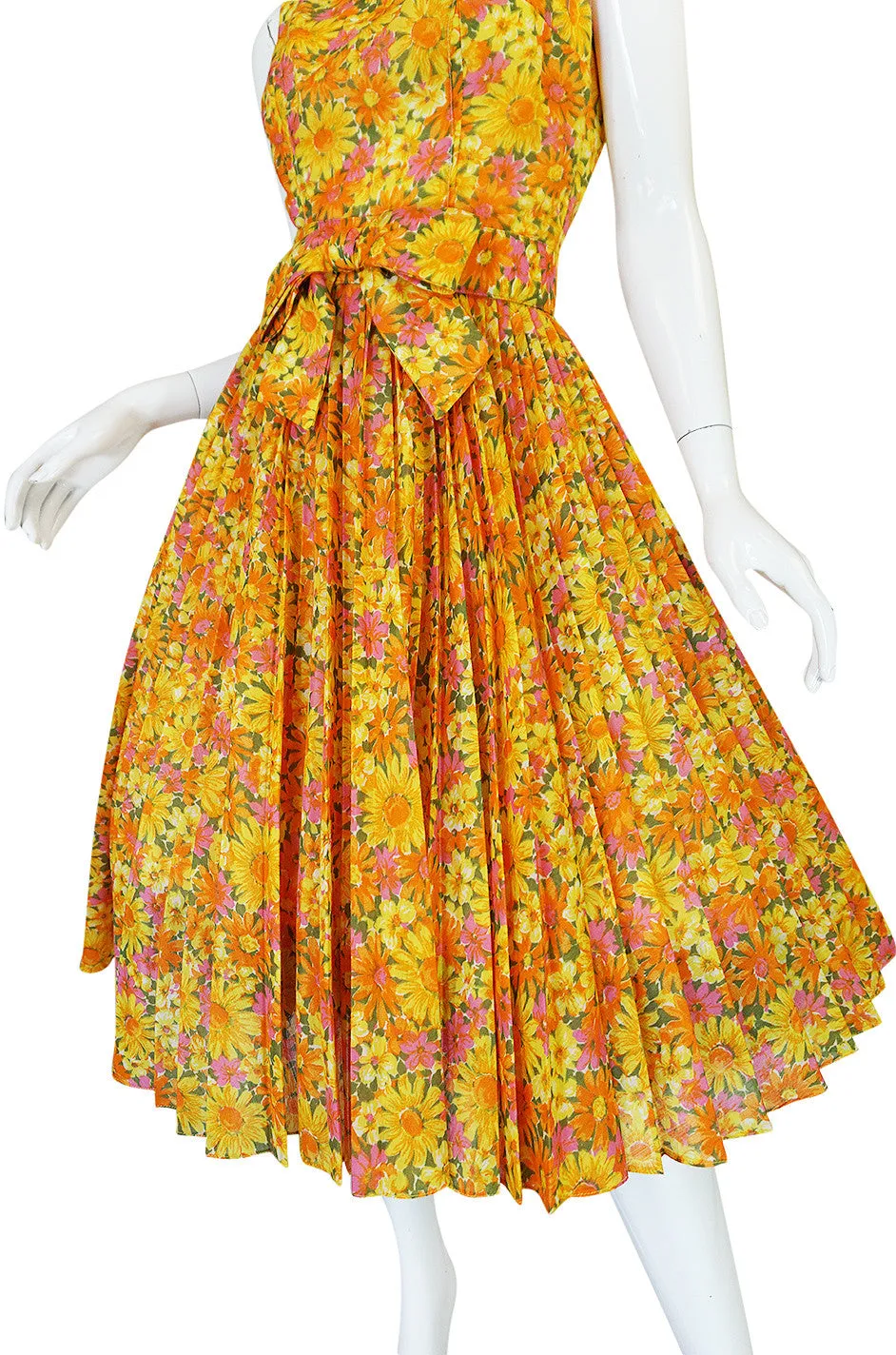1950s Suzy Perette Citrus Floral Cotton Voile Pleated Skirt Dress