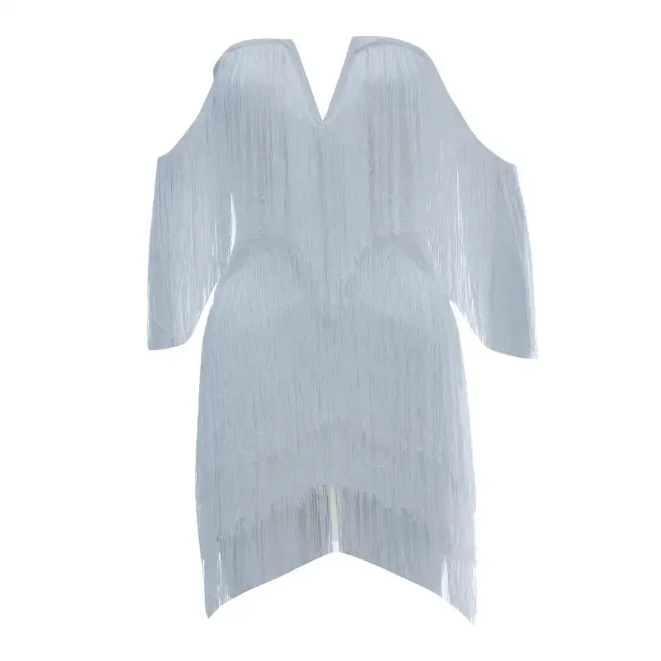2024 New Fashion Tassel Bandage Sexy V Neck Off Shoulder Bodycon Nightclub Dress