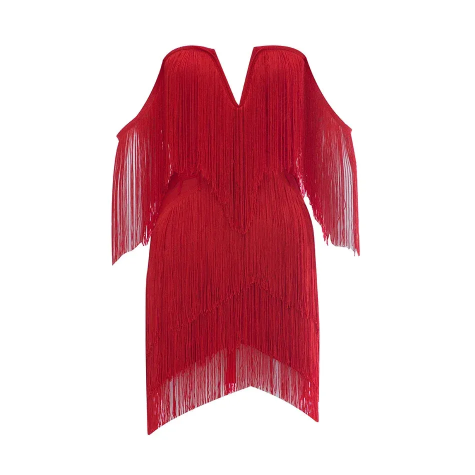 2024 New Fashion Tassel Bandage Sexy V Neck Off Shoulder Bodycon Nightclub Dress