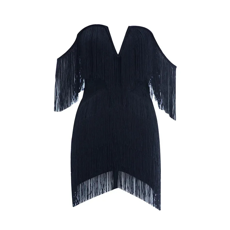2024 New Fashion Tassel Bandage Sexy V Neck Off Shoulder Bodycon Nightclub Dress