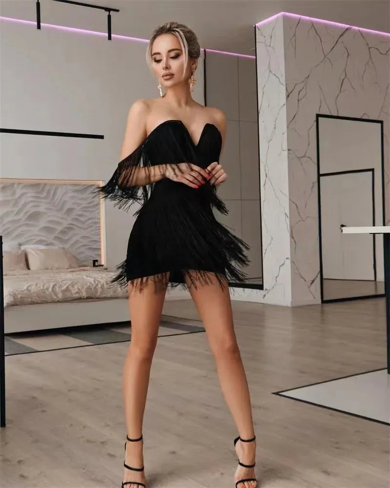 2024 New Fashion Tassel Bandage Sexy V Neck Off Shoulder Bodycon Nightclub Dress