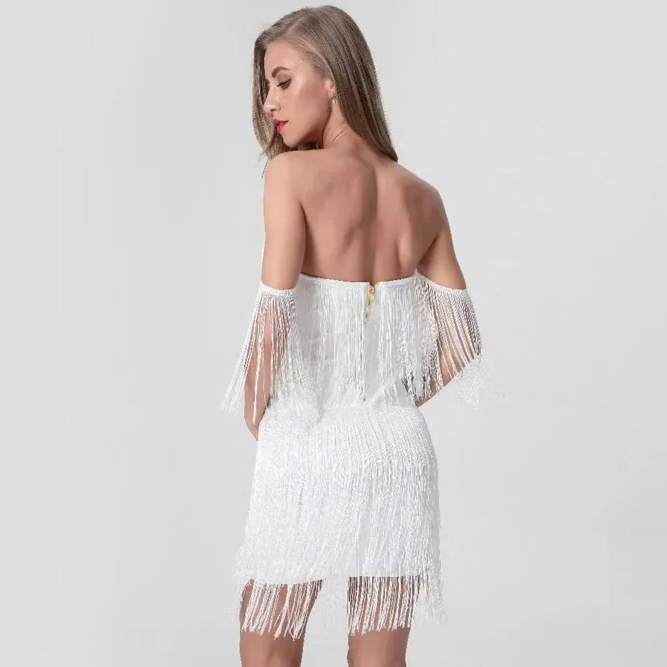 2024 New Fashion Tassel Bandage Sexy V Neck Off Shoulder Bodycon Nightclub Dress