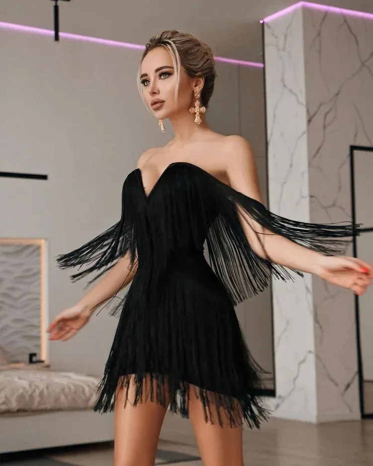 2024 New Fashion Tassel Bandage Sexy V Neck Off Shoulder Bodycon Nightclub Dress