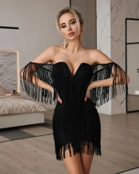 2024 New Fashion Tassel Bandage Sexy V Neck Off Shoulder Bodycon Nightclub Dress 2024 New Fashion Tassel Bandage Sexy V Neck Off Shoulder Bodycon Nightclub Dress