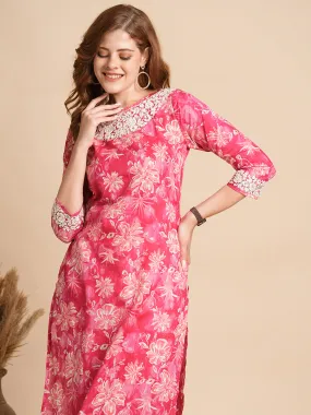Abstract Floral Foil Printed & Chikankari Embroidered Straight Fit Kurta - Hot Pink Abstract Floral Foil Printed & Chikankari Embroidered Straight Fit Kurta - Hot Pink