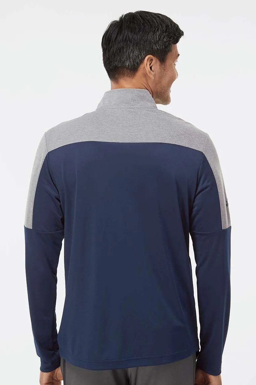 Adidas Mens Moisture Wicking 1/4 Zip Sweatshirt - Collegiate Navy Blue/Grey Melange - NEW