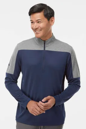 Adidas Mens Moisture Wicking 1/4 Zip Sweatshirt - Collegiate Navy Blue/Grey Melange - NEW