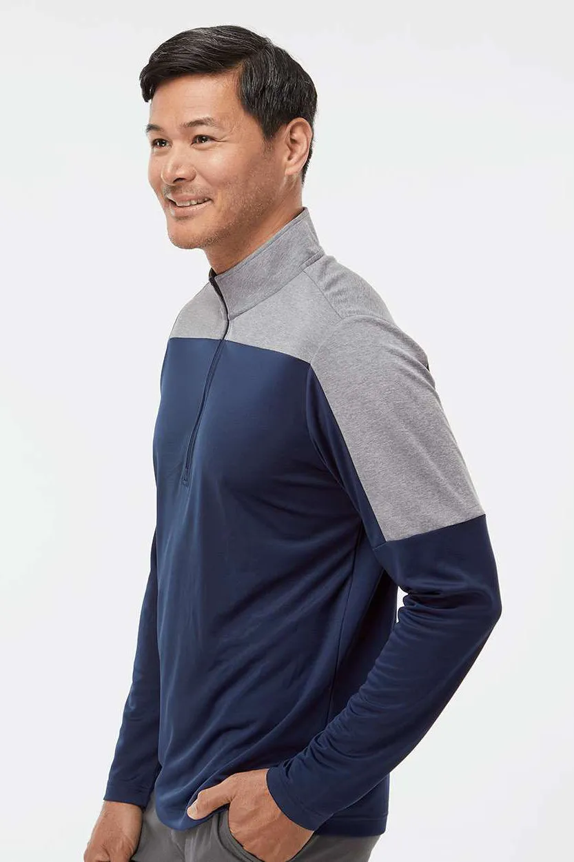 Adidas Mens Moisture Wicking 1/4 Zip Sweatshirt - Collegiate Navy Blue/Grey Melange - NEW