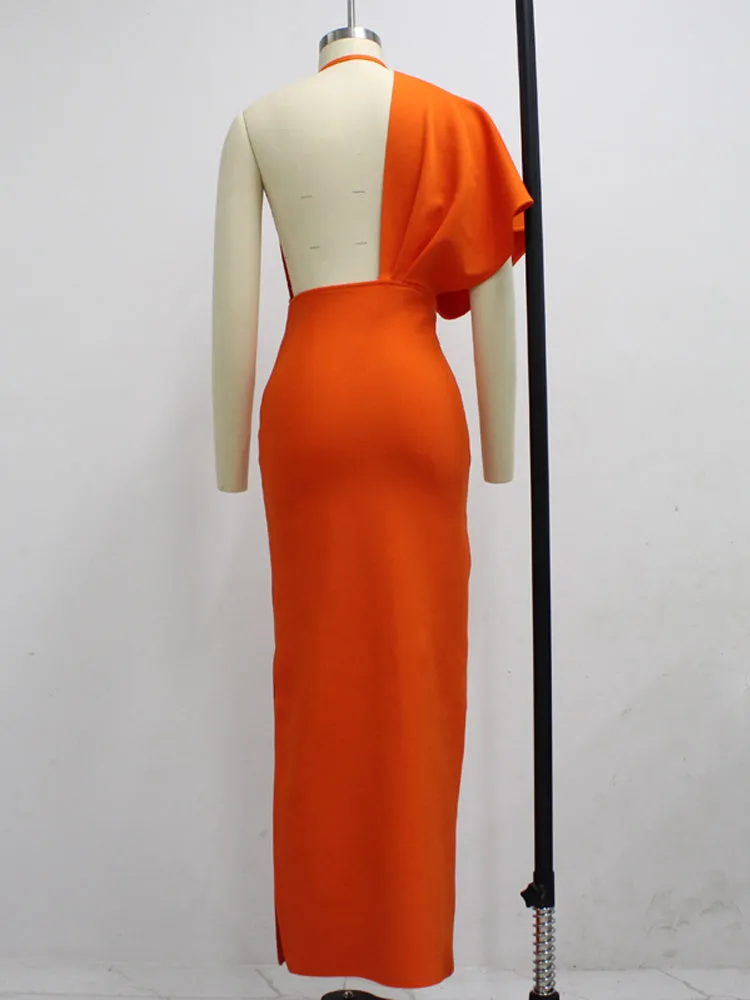 BerryBetty - 2024 Fashion Trends Draped Backless Women Side Split Evening Club Party Dress New Sexy V Neck Orange Black Long Bandage Dress Vestidos