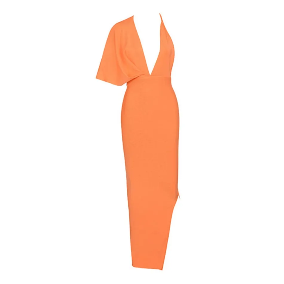 BerryBetty - 2024 Fashion Trends Draped Backless Women Side Split Evening Club Party Dress New Sexy V Neck Orange Black Long Bandage Dress Vestidos