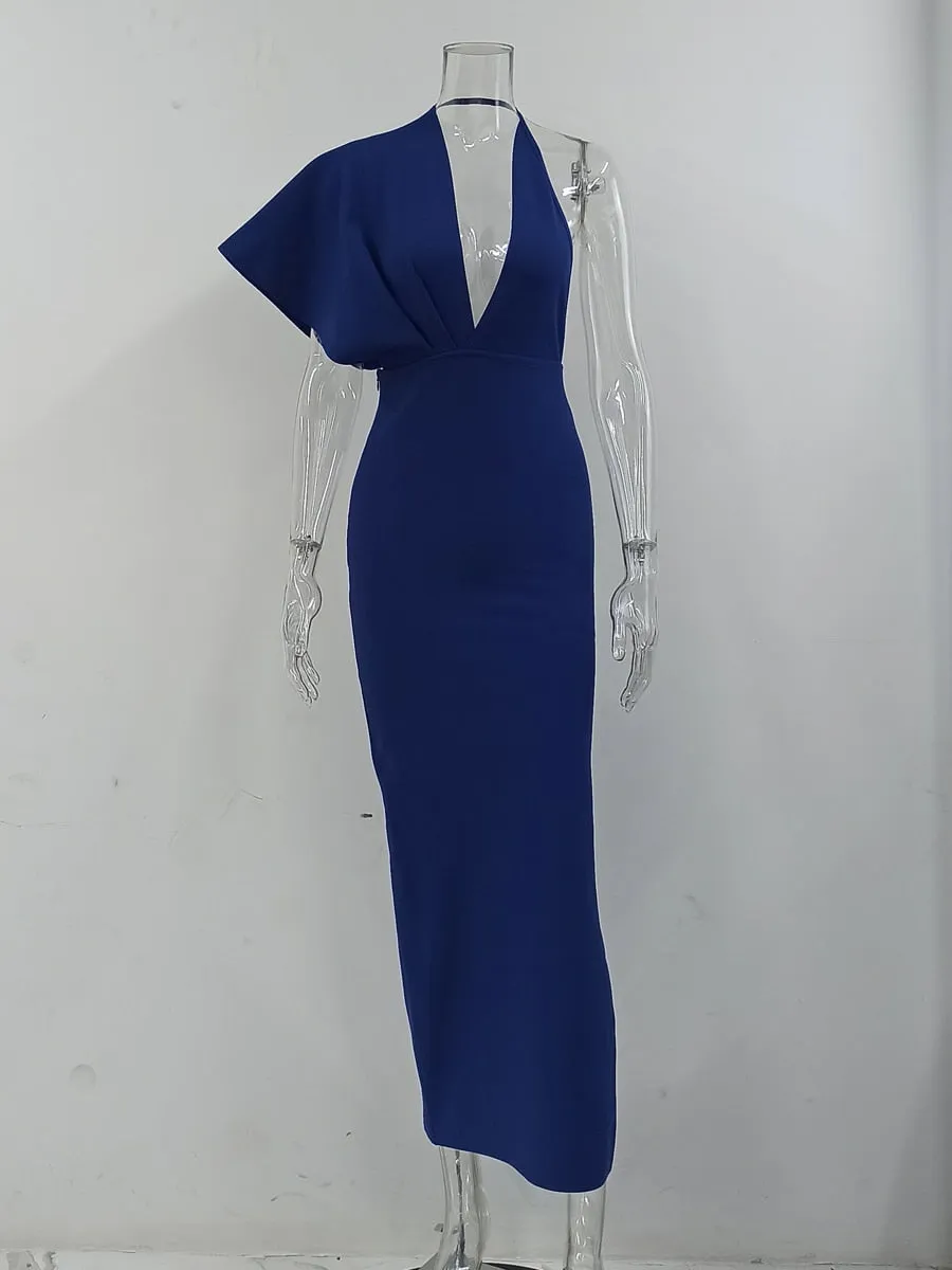 BerryBetty - 2024 Fashion Trends Draped Backless Women Side Split Evening Club Party Dress New Sexy V Neck Orange Black Long Bandage Dress Vestidos