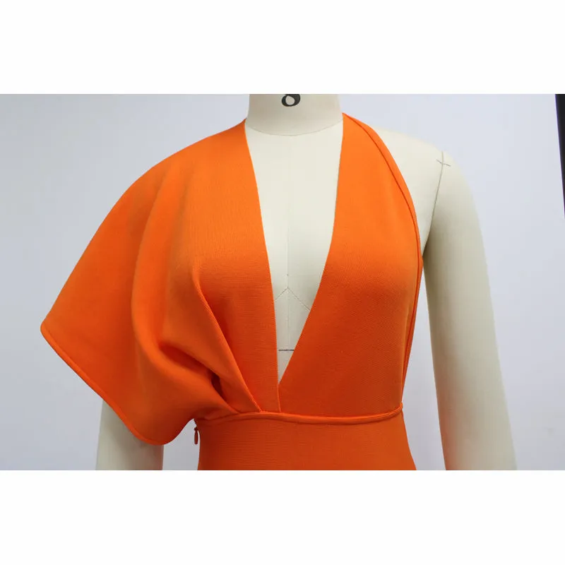 BerryBetty - 2024 Fashion Trends Draped Backless Women Side Split Evening Club Party Dress New Sexy V Neck Orange Black Long Bandage Dress Vestidos