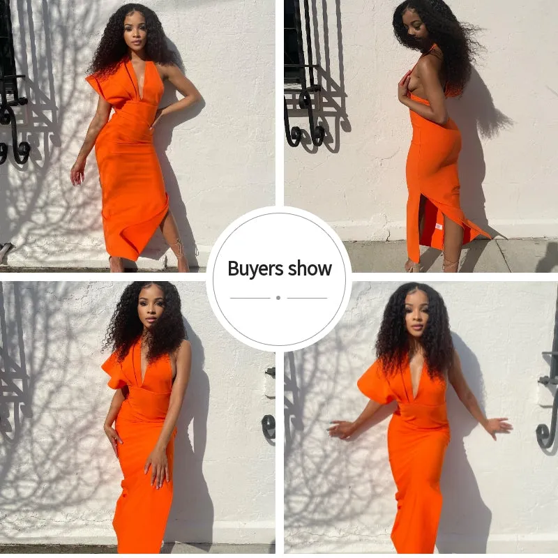 BerryBetty - 2024 Fashion Trends Draped Backless Women Side Split Evening Club Party Dress New Sexy V Neck Orange Black Long Bandage Dress Vestidos