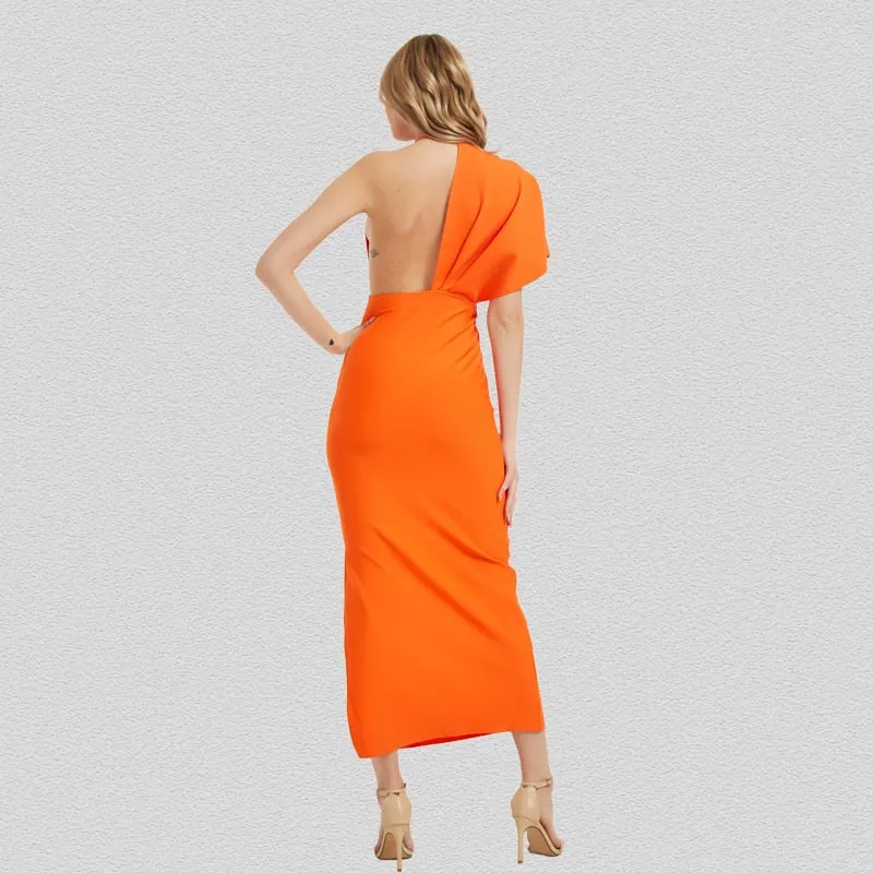 BerryBetty - 2024 Fashion Trends Draped Backless Women Side Split Evening Club Party Dress New Sexy V Neck Orange Black Long Bandage Dress Vestidos