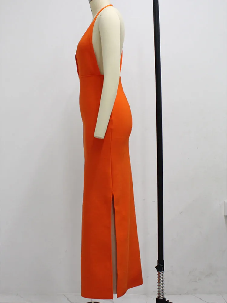 BerryBetty - 2024 Fashion Trends Draped Backless Women Side Split Evening Club Party Dress New Sexy V Neck Orange Black Long Bandage Dress Vestidos