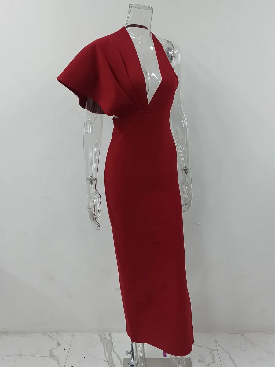 BerryBetty - 2024 Fashion Trends Draped Backless Women Side Split Evening Club Party Dress New Sexy V Neck Orange Black Long Bandage Dress Vestidos