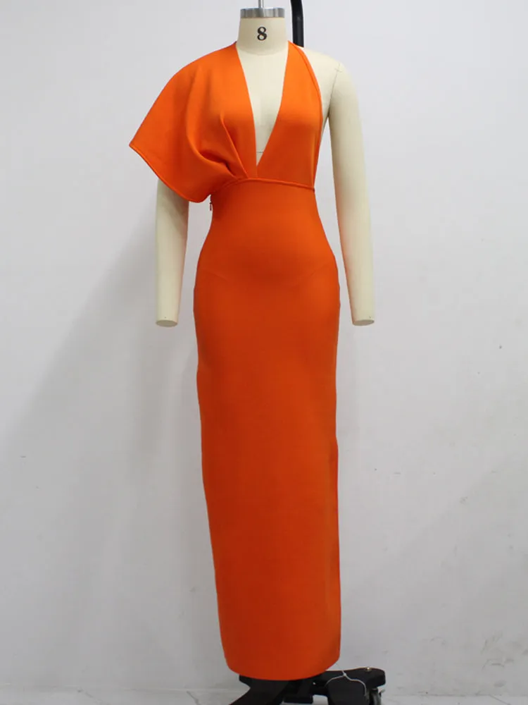 BerryBetty - 2024 Fashion Trends Draped Backless Women Side Split Evening Club Party Dress New Sexy V Neck Orange Black Long Bandage Dress Vestidos