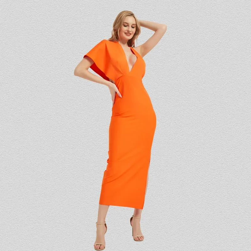 BerryBetty - 2024 Fashion Trends Draped Backless Women Side Split Evening Club Party Dress New Sexy V Neck Orange Black Long Bandage Dress Vestidos