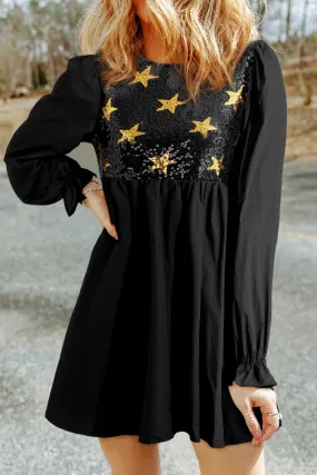 Black Sequined Stars Flounce Sleeve Ruffled Babydoll Dress Black Sequined Stars Flounce Sleeve Ruffled Babydoll Dress
