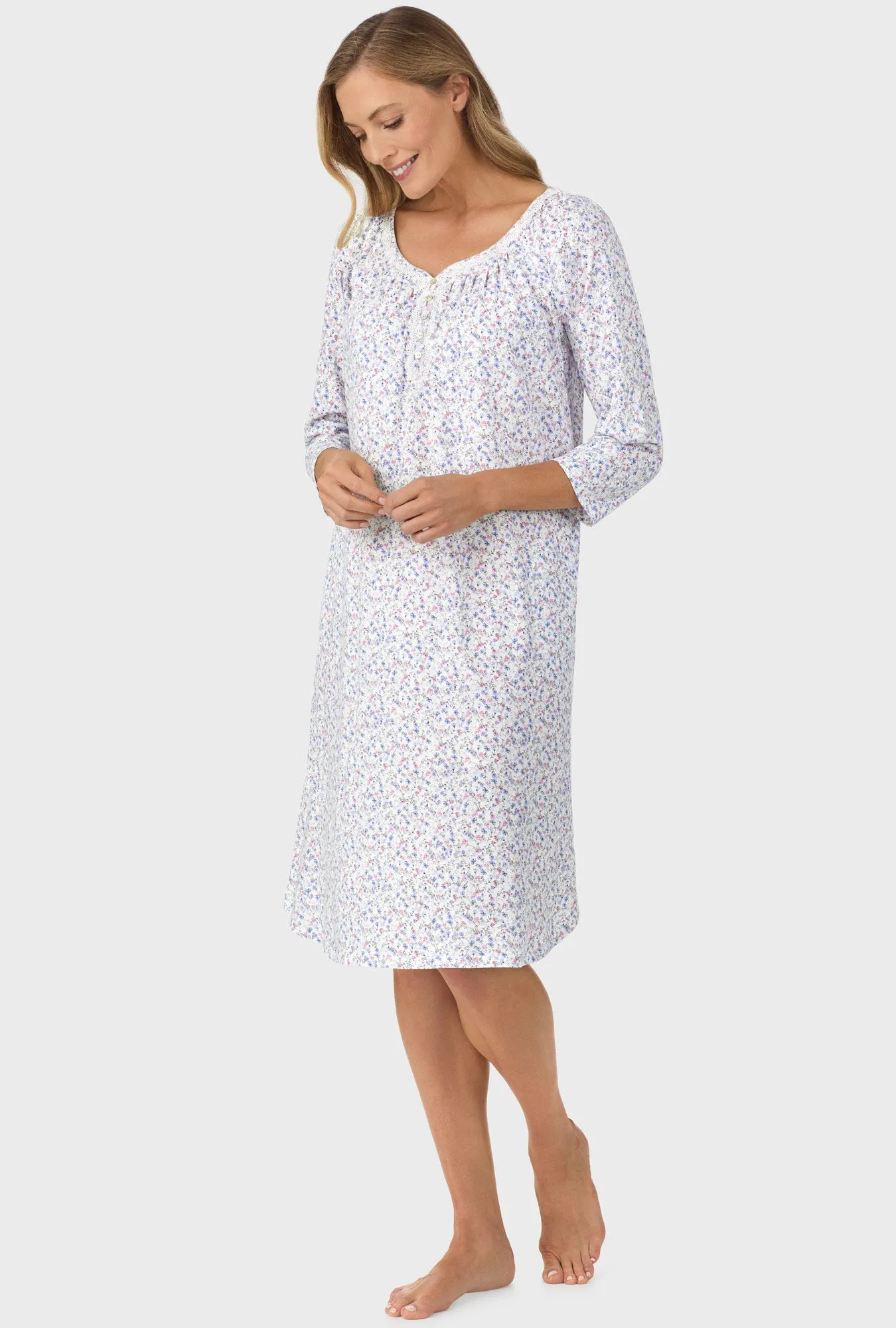 Blue and Blush Pink Ditsy  3/4 Sleeve Nightgown