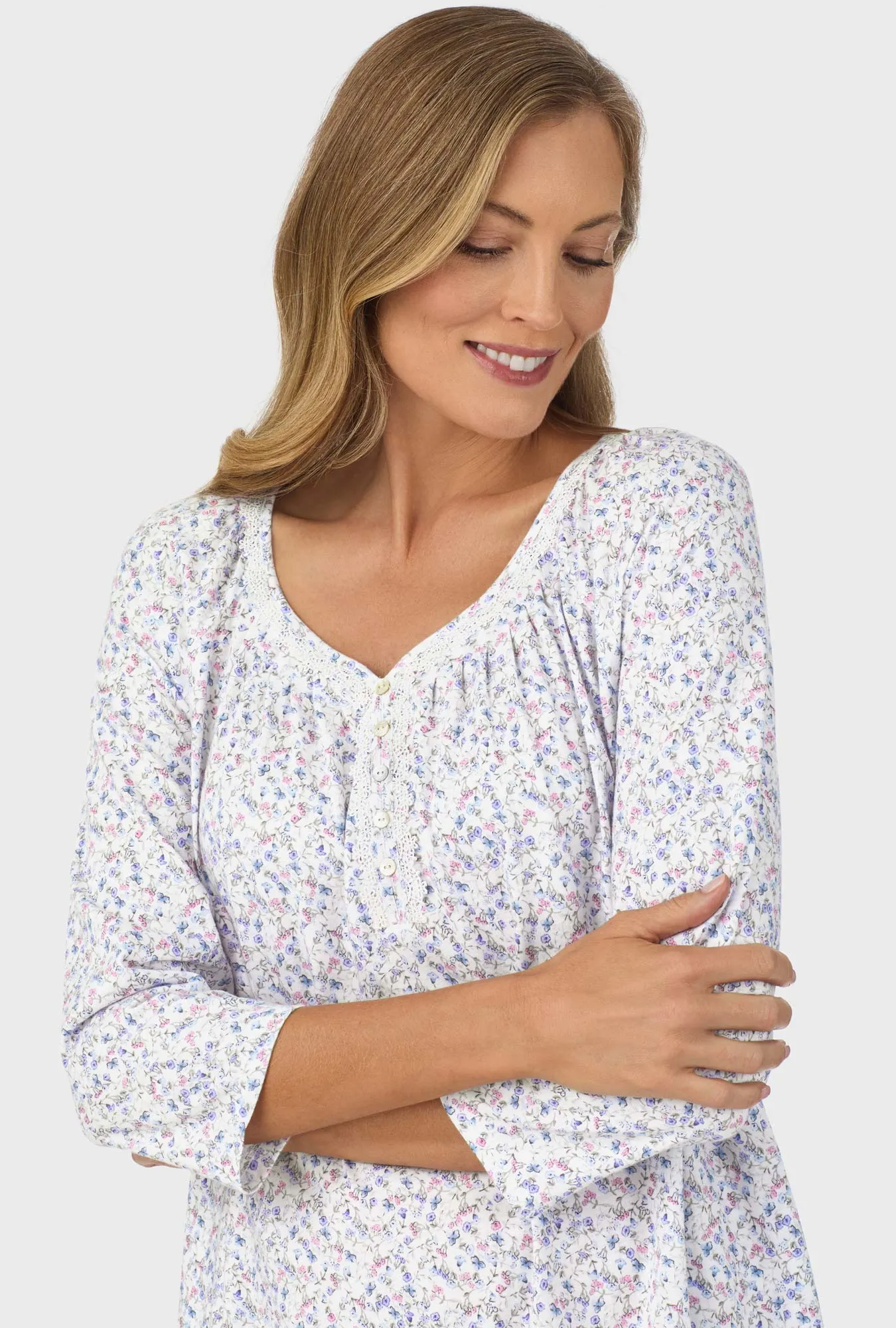 Blue and Blush Pink Ditsy  3/4 Sleeve Nightgown