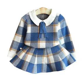 Blue Plaid Peter Pan collar  2 pcs sweatshirt & Skirt Winterwear set for Girls Blue Plaid Peter Pan collar  2 pcs sweatshirt & Skirt Winterwear set for Girls