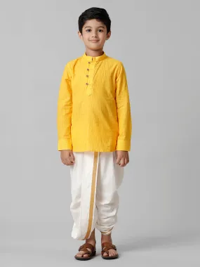 Boys Breeze Cotton Yellow Kurta with Cream Elastic Panchakacham Combo COT7 Boys Breeze Cotton Yellow Kurta with Cream Elastic Panchakacham Combo COT7
