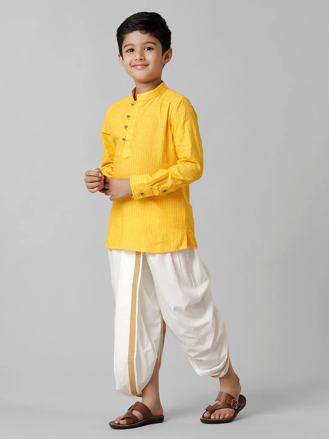 Boys Breeze Cotton Yellow Kurta with Cream Elastic Panchakacham Combo COT7